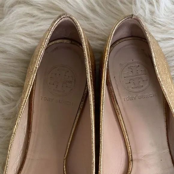 Tory Burch MINNIE TRAVEL BALLET Gold Flats sz 8M- Preowned - Picture 7 of 16